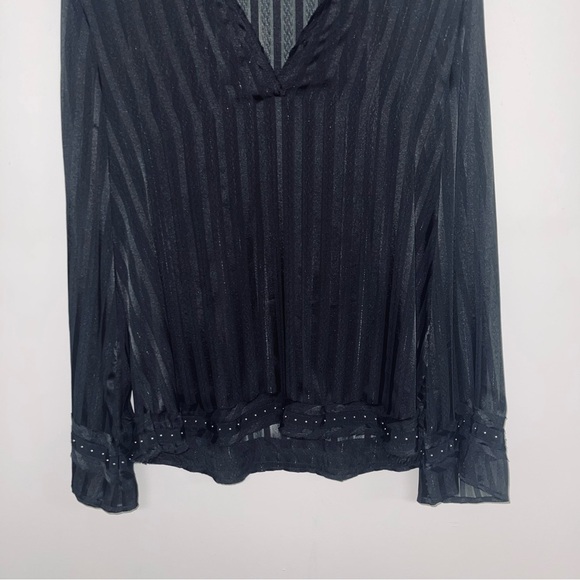Zara Blouse Women’s Size Medium Black Striped Sheer‎ Satin Silver Studded Ruffle - Picture 5 of 11